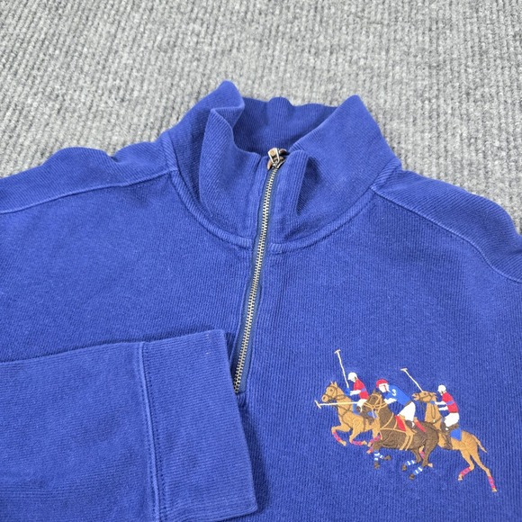 Polo Ralph Lauren Sweater Mens Large Blue‎ Half Zip Pullover Polo 3 Horsemen - Picture 1 of 13
